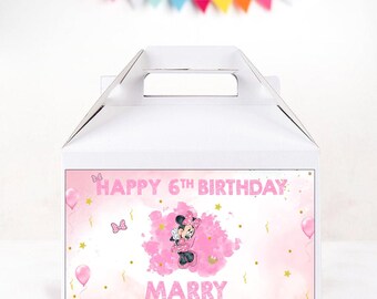 Pegatina personalizada de Minnie Mouse para caja de regalo de cumpleaños (solo archivo digital)