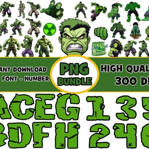 Puede incluir: Letras y números del alfabeto verdes en un estilo de fuente que se asemeja al personaje de Hulk. Las letras y los números están delineados en negro y tienen una apariencia rugosa y texturizada. Las letras y los números están sobre un fondo blanco.