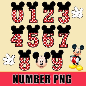 Puede incluir: N&uacute;meros del 0 al 9 con tem&aacute;tica de Mickey Mouse en rojo y negro con lunares blancos. Los n&uacute;meros est&aacute;n en un estilo de dibujos animados con orejas de Mickey Mouse. La imagen tambi&eacute;n incluye una cabeza de Mickey Mouse y un guante blanco.