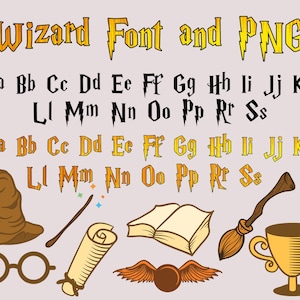 Peut inclure: Un ensemble de lettres de l'alphabet sur le thème des sorciers dans une police jaune et noire. Les lettres sont affichées sur deux lignes, les lettres minuscules en dessous des lettres majuscules. L'image comprend également plusieurs illustrations sur le thème des sorciers, notamment un chapeau, une baguette, un parchemin, un livre, un balai et une coupe dorée.