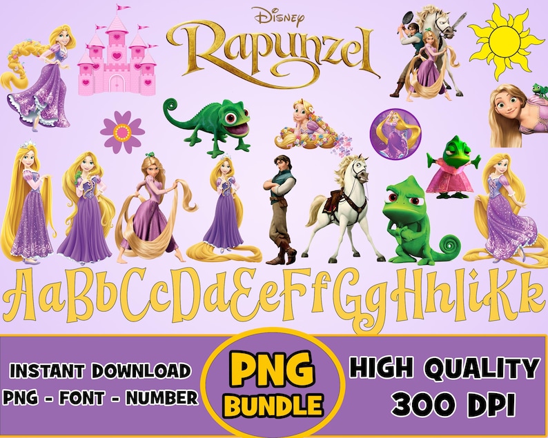 K&ouml;nnte beinhalten: Ein digitales Grafikpaket mit Disney Rapunzel-Figuren, einem rosa Schloss, einem gr&uuml;nen Cham&auml;leon, einem wei&szlig;en Pferd und einer gelben Sonne. Das Bild enth&auml;lt den Text Disney Rapunzel, die Buchstaben Aa bis Kk und die W&ouml;rter PNG BUNDLE.