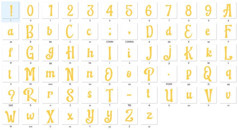 K&ouml;nnte beinhalten: Ein digitaler Zeichensatz mit gelben, stilisierten, kursiv inspirierten Buchstaben, Zahlen und Satzzeichen, die in einem Raster angeordnet sind. Jedes Zeichen wird in einem eigenen wei&szlig;en Quadrat angezeigt und zeigt einen einheitlichen Schriftstil.