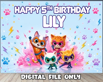 Super Kitties Birthday Backdrop: Personalized Cats Party (Digital File)