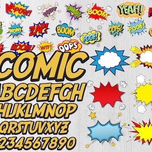 Puede incluir: Una colección de gráficos y fuentes estilo cómic. Incluye palabras de acción como "ZAP", "BOOM" y "POW" en varios colores y diseños de bocadillos. También presenta la palabra "COMIC" y el alfabeto.