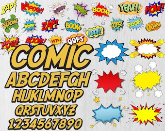 Comic Font PNG: Alphabet, Numbers & Bubbles (Digital Download)
