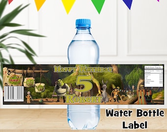 May include: Water bottle label featuring Shrek and Donkey from the movie Shrek. The label is green and gold with the text "Happy Birthday Robert 5".