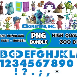 May include: A set of colorful, cartoon-style letters and numbers in a blue font, with a Monsters, Inc. theme. The letters and numbers are surrounded by various characters from the movie, including Mike, Sulley, Boo, and Randall. The text "INSTANT DOWNLOAD PNG - FONT - NUMBER BUNDLE HIGH QUALITY 300 DPI" is at the top of the image.