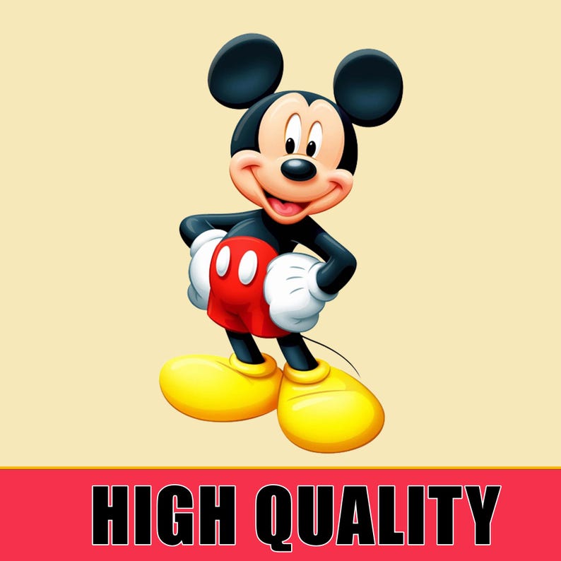 Puede incluir: Una ilustraci&oacute;n de dibujos animados de Mickey Mouse, un personaje popular de Disney. Lleva sus pantalones cortos rojos caracter&iacute;sticos con dos botones negros, guantes blancos y zapatos amarillos. Sonr&iacute;e y tiene una nariz negra y orejas grandes y negras.