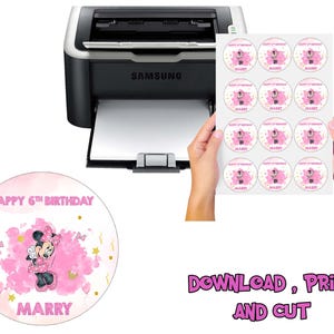Puede incluir: Pegatinas imprimibles para favores de fiesta de cumpleaños número 6 con un personaje de ratón de dibujos animados rosa y blanco con el texto "Happy 6th Birthday Marry".