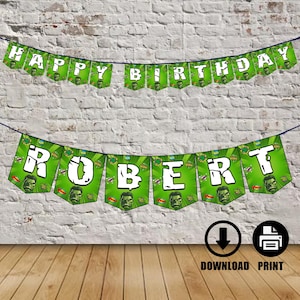 May include: Printable banner with a green and white Hulk theme. The banner says "Happy Birthday Robert".
