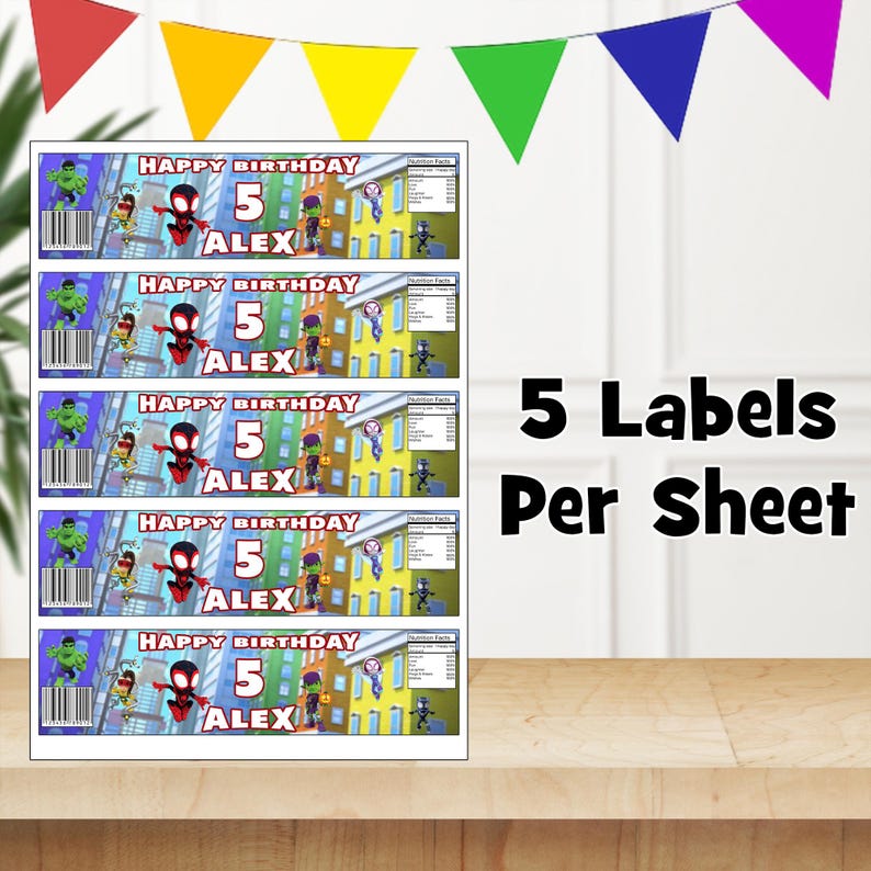 May include: Five printable labels featuring a cartoon superhero character. Each label says "Happy Birthday 5 Alex" and includes a nutrition facts section. The labels are designed for water bottles or juice boxes.