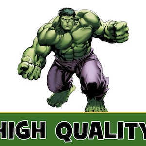 May include: A green and purple illustration of the Hulk, a fictional superhero, in a fighting pose.