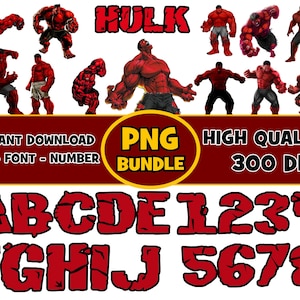 May include: Red Hulk character graphic design elements, including a title, alphabet letters, and numbers. The design is in a distressed, cracked, and textured style.