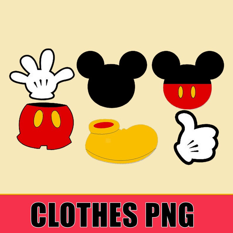 Puede incluir: Un conjunto de recortes de ropa de Mickey Mouse imprimibles. El conjunto incluye un par de pantalones cortos rojos con botones amarillos, un par de guantes blancos, un zapato amarillo, una cabeza negra con orejas grandes y una cabeza roja con botones amarillos y orejas negras.