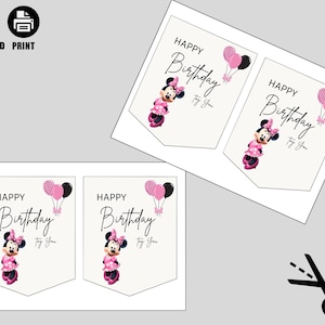 May include: Printable birthday banner featuring Minnie Mouse. The banner has a white background with the words "Happy Birthday" in elegant script. Minnie Mouse is depicted in a pink polka-dot dress, and pink and black balloons are included in the design.
