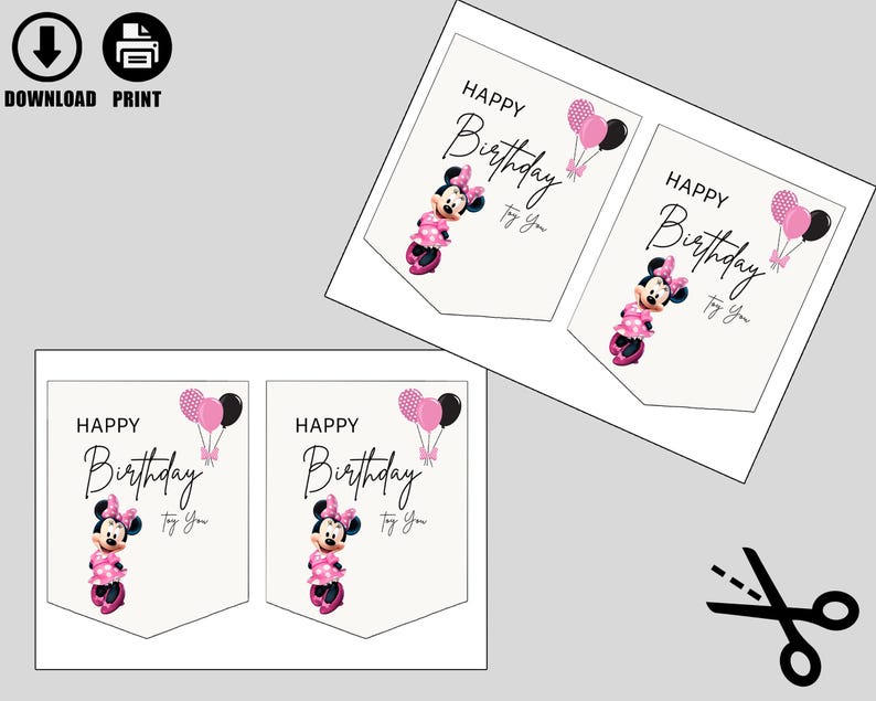 May include: Printable birthday banner featuring Minnie Mouse. The banner has a white background with the words "Happy Birthday" in elegant script. Minnie Mouse is depicted in a pink polka-dot dress, and pink and black balloons are included in the design.