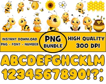 Little Bee PNG Bundle: Font, Alphabet & Numbers (Digital Download)