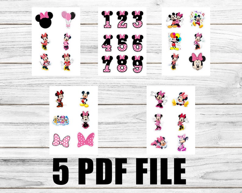 May include: Five printable PDF files featuring images of Mickey Mouse and Minnie Mouse characters. The images include numbers 1 through 9, Mickey Mouse and Minnie Mouse in various poses, and a Mickey Mouse balloon.