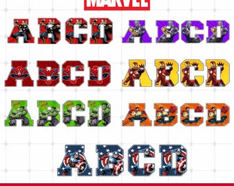 Avengers Font PNG: Alphabet and Numbers & 7 Color Diffrent Marvel Letters (Digital Download)