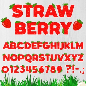 Alfabeto e numeri a forma di fragola PNG, lettere di compleanno a forma di fragola PNG, carattere di colore fragola, lettere a forma di fragola, --- Solo file digitale ---