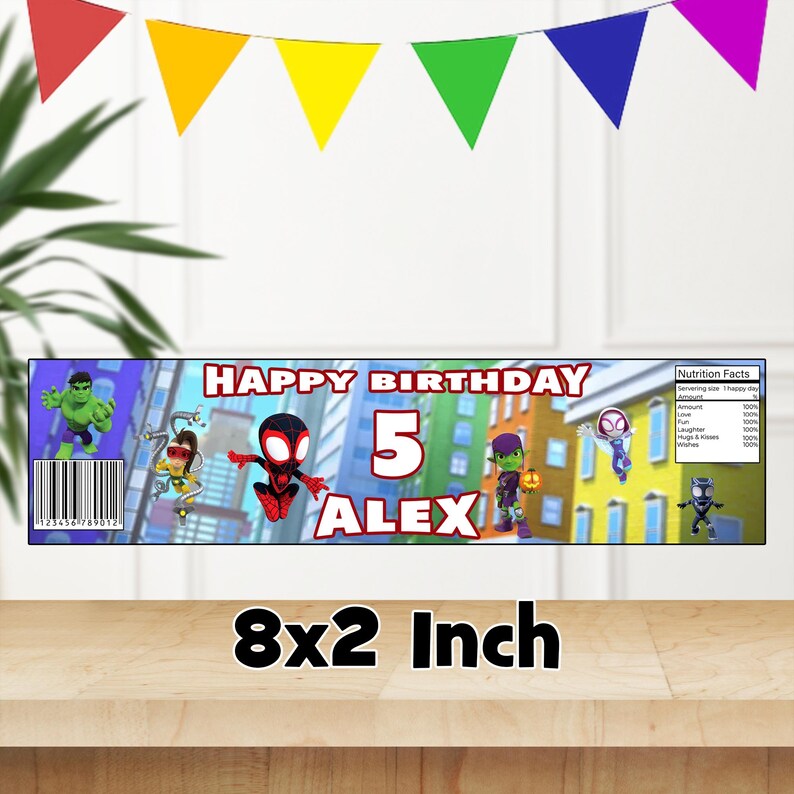 May include: A colorful birthday banner with a superhero theme. The banner features a red, black, and blue Spiderman character, a green Hulk character, and other cartoon characters. The banner says "Happy Birthday Alex 5" and has a nutrition facts label with the text "100%" next to each item. The banner is 8 inches by 2 inches.
