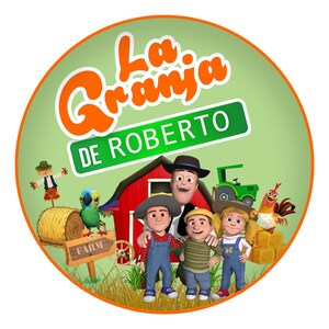 May include: A circular graphic with the text "La Granja DE ROBERTO" in orange and white. The image features cartoon characters, a red barn, a green tractor, and farm animals like a chicken and a parrot.