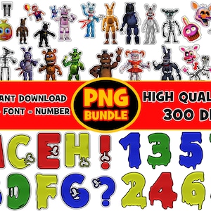 Puede incluir: Un conjunto de clipart digital de letras y números coloridos en un estilo de goteo, con personajes de la popular franquicia de videojuegos. Las letras son A, C, E, H y un signo de exclamación de puntuación. Los números son 1, 3, 5, 7, 2, 4, 6 y 8. El texto "INSTANT DOWNLOAD PNG - FONT - NUMBER BUNDLE HIGH QUALITY 300 DPI" está en la parte inferior de la imagen.