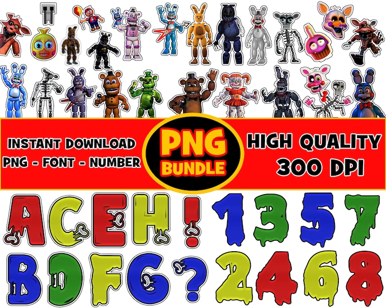 Pu&ograve; includere: Un set di clipart digitale di lettere e numeri colorati in uno stile a goccia, con personaggi del popolare franchise di videogiochi. Le lettere sono A, C, E, H e un punto esclamativo di punteggiatura. I numeri sono 1, 3, 5, 7, 2, 4, 6 e 8. Il testo "INSTANT DOWNLOAD PNG - FONT - NUMBER BUNDLE HIGH QUALITY 300 DPI" &egrave; nella parte inferiore dell'immagine.