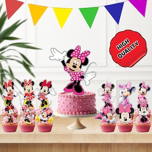 May include: A pink and white polka dot cake with a Minnie Mouse topper. There are 10 cupcakes with Minnie Mouse toppers, all with pink and white polka dot frosting.