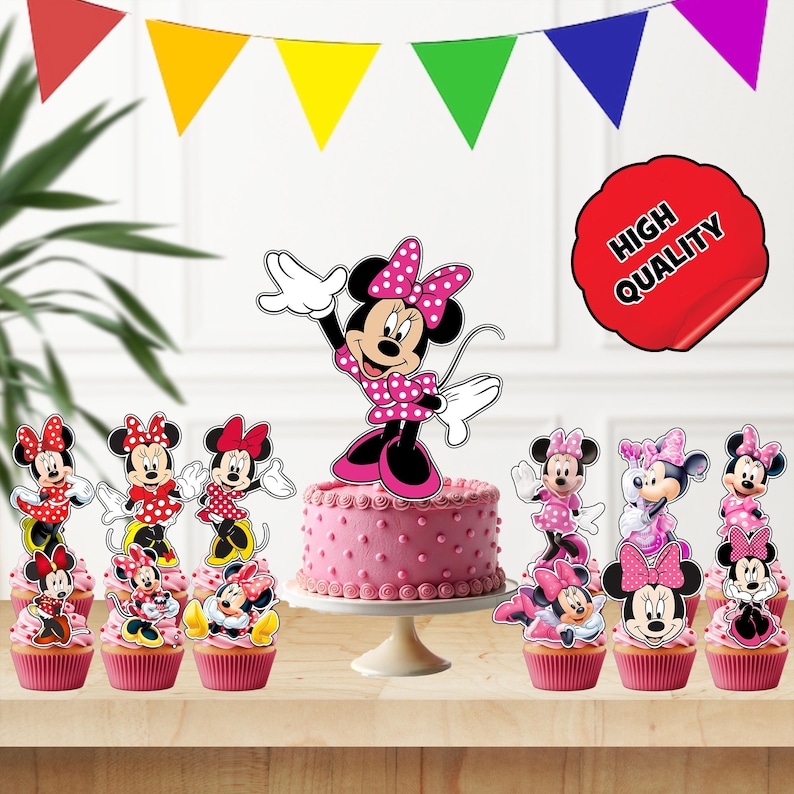 May include: A pink and white polka dot cake with a Minnie Mouse topper. There are 10 cupcakes with Minnie Mouse toppers, all with pink and white polka dot frosting.