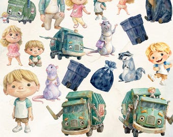 Trash Truck Watercolor PNG Bundle: (Digital Download, Personal Use Only)
