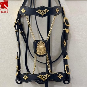 Könnte beinhalten: Schwarzes Leder-Pferdehalfter mit goldenen Akzenten und einem Kettendetail. Das Halfter hat ein Kronendesign auf dem Nasenriemen.