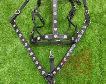 Fancy horse bridle in vintage style with free Reins & Breastplate in cowhide leather with brass ornaments