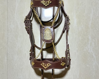 Fancy horse bridle in baroque style with free reins, Luxury Cowhide Leather Horse Bridle with Gold Plated Brass Ornaments
