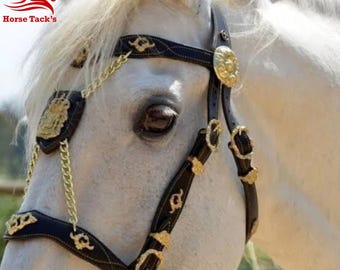 Handmade Fancy Horse Bridle in Baroque Style, Luxury baroque leather horse bridle with gold accents, custom equestrian bridle