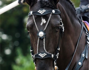 Bride De Cheval Fantaisie Style Vintage, Cuir De Vache Et Laiton, Noire (neuve)