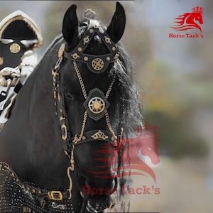 May include: A black horse wearing an ornate bridle with gold accents and chain detailing. The bridle features decorative starburst and scroll designs. The horse's mane is long and flowing. The logo "Horse Tack's" is visible in the upper right corner.