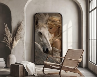 White Pegasus and Girl Home Decor | Modern Pegasus Wall Art | Fantasy Artwork | Pegasus Art | Greek Mythology Art | Mythical Art