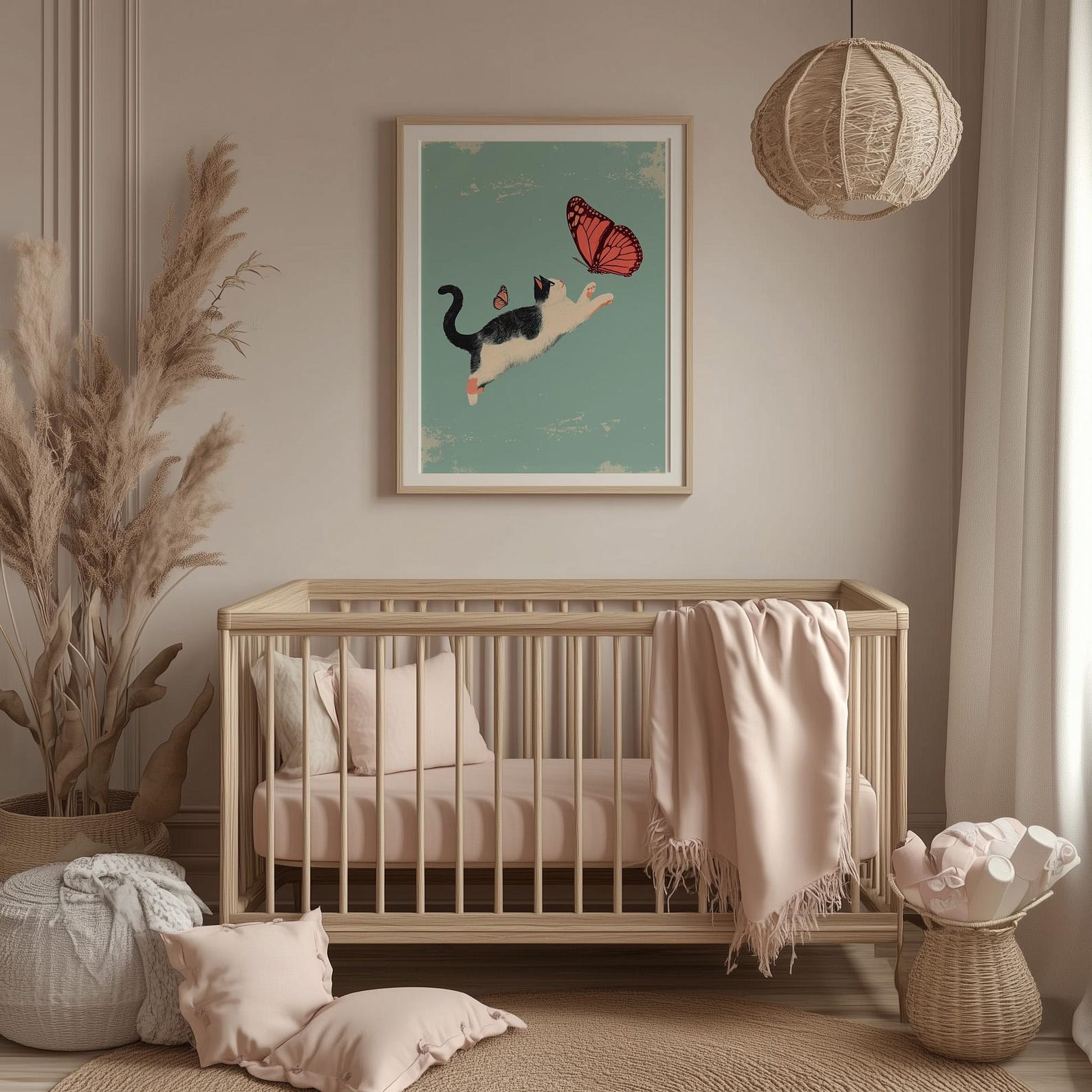 Cute Cat Chasing Butterfly Nursery Wall Art | Cat Lover Nursery Decor ...