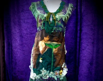 Shabby Chic Flaschengrün & Lila RENAISSANCE Feen-Kleid Viktorianisch,Boho,Gothic,Zigeunerkleid Einstellbar Größe S-4XL
