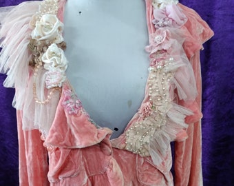PURE Silk Rose Pink Crushed Velvet Jacket 120 Year Old Lace Trim Hand Made Roses Tulle Guipure Lace Vintage  Size Medium