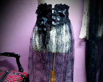 Victorian,Bohemian,Gypsy Gothic Overskirt / Beltt-Shiny PVC & Spiderweb Mesh Netting Size 32-36 inch waist