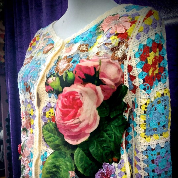 ROSES on Velvet Print Roses Flowers Crochet Jacket Cardigan Top Fairy Boho Bohemian Gypsy  OOAK Size Med - XLarge