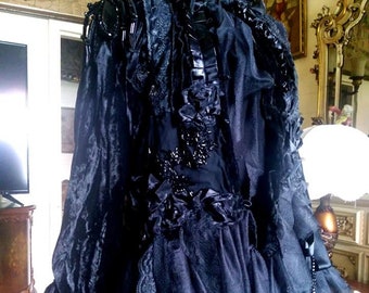 Jet Black Crushed Velvet Jacket Coat with Jeweled Spider Bridal Venetian and Swiss laces . Gothic,goth,gypsy Small - Extra Large