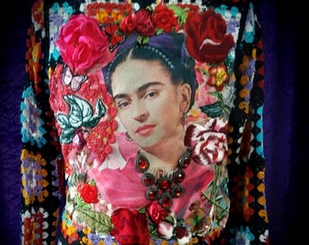 Frida Kahlo on Linen Print Roses Flowers Crochet Jacket Cardigan Top Fairy Boho Bohemian Gypsy  OOAK Small-Medium