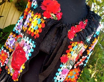 Very Frida Kahlo Colourful Roses Flowers Crochet Jacket Cardigan Top Fairy Boho Bohemian Gypsy  OOAK Small to Medium