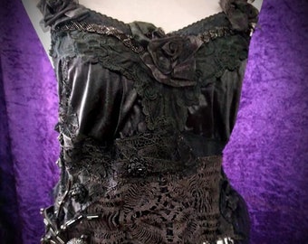 Victorian Gothic Gypsy Fairy Boho Schwarzes Top Vintage & Antike Schnürsenkel Spitze Schwarz Jeweled Spinne Größe L - 2XL