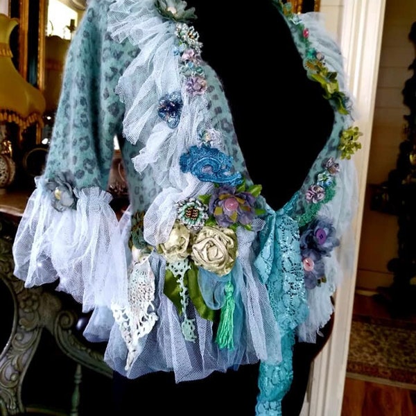 STUNNING Green Angora Wool Leopard Cardigan Victorian Shabby Chic Etherial Boho Bohemian Fairy Gypsy  Vintage & Antique Textles Size Small