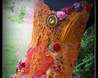Bridal Wedding Prom Formal Gown Dress "Tangerine Dream"Genuine Antique & Vintage textiles Bohemian,gothic