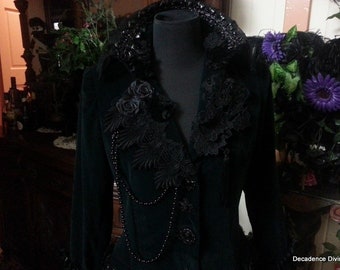 Forest Green Velvet Coat with Skull back and venetian and swiss laces . Gothic,goth,gypsy SIZE to be made to order